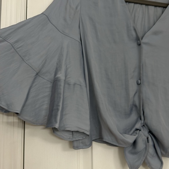Lauren Conrad blue grey silky button down blouse - Picture 3 of 5